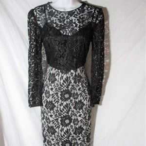 Luxury Lace Lined Silk Dress S BLACK WHITE FLORAL Formal